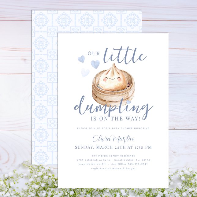 Blue Little Dumpling Watercolor Baby Shower Invita Einladung (Blue Dumpling Baby Shower)
