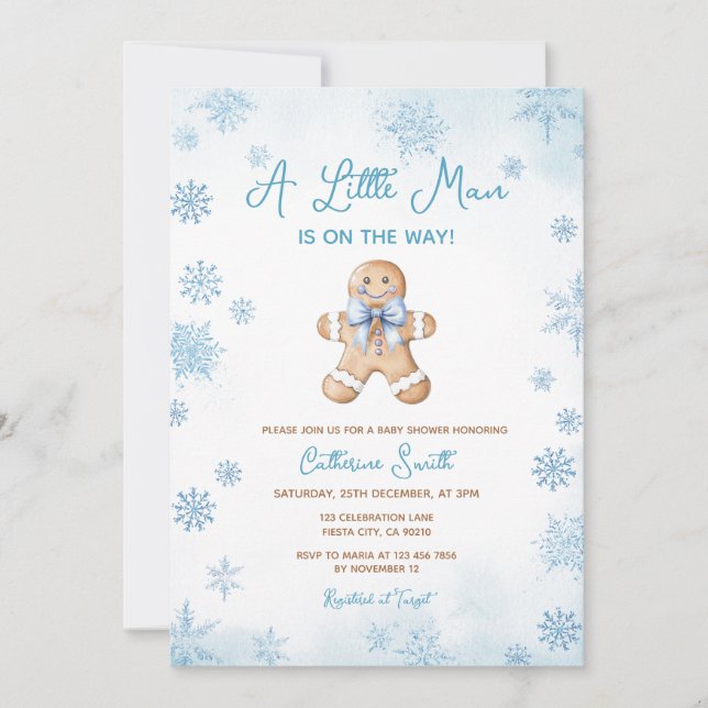 Blue Little Man Snowflakes Gingerbread Baby Shower Einladung (Vorderseite)