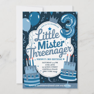 Blue Little Mr Threenager Einladung für Junge