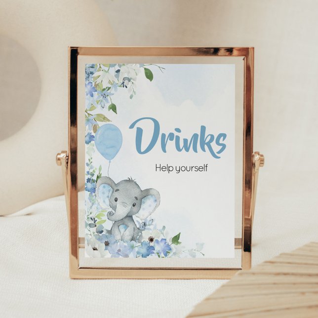 Blue Little Peanut Elephant Baby Dusche Drinks Poster (Blue Elephant Little Peanut Baby Shower Drinks Sign)