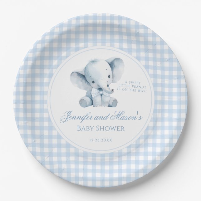 Blue Little Peanut Elephant Bow Baby Boy Shower Pappteller (Vorderseite)