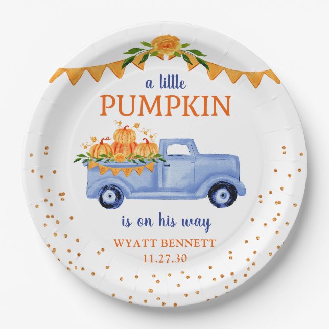 Blue Little Pumpkin Baby Shower Paper Plate Pappteller (Vorderseite)