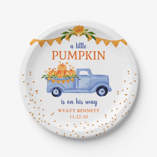 Blue Little Pumpkin Baby Shower Paper Plate Pappteller (Vorderseite)