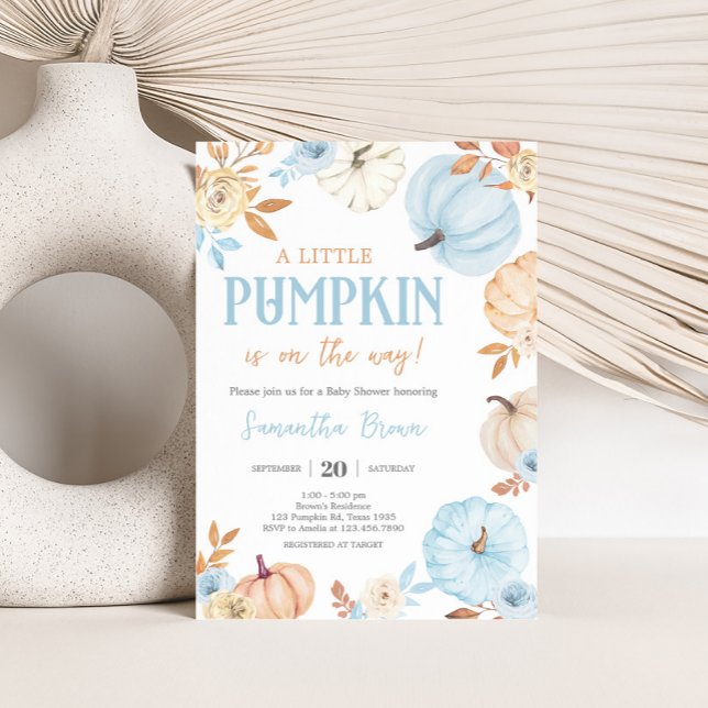 Blue Little Pumpkin Fall Baby Shower Einladung (Boy Little Pumpkin Fall Baby Shower Invitation)