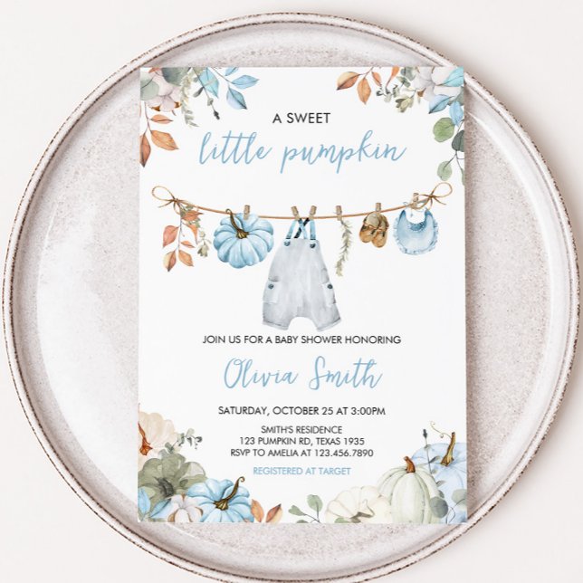Blue Little Pumpkin Herbst Herbstdusche Einladung (Blue Little Pumpkin Fall Clothesline Baby Shower Invitation)