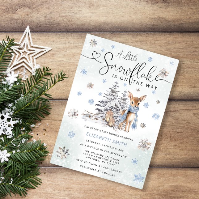 Blue Little Snowflake Winter Woodland Deer Baby Einladung (Von Creator hochgeladen)