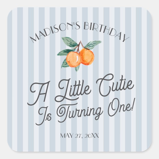 Blue Little Süsse Pastel Citrus Birthday Envelope Quadratischer Aufkleber (Vorderseite)