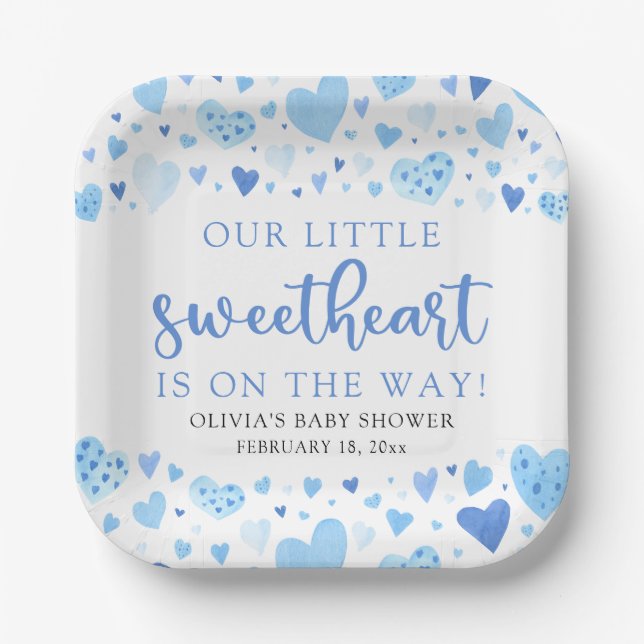 Blue Little Sweetheart Valentine's Day Baby Shower Pappteller (Vorderseite)