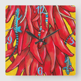 Blue Lizard Roter Chili Chile Pepper Clock Südwest Quadratische Wanduhr