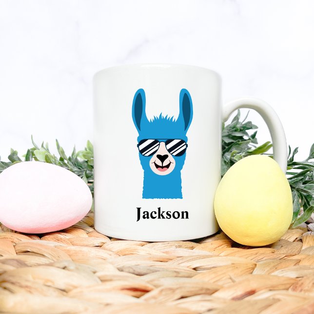 Blue Llama Sunglasses Boy Personalize Name Kaffeetasse (Von Creator hochgeladen)