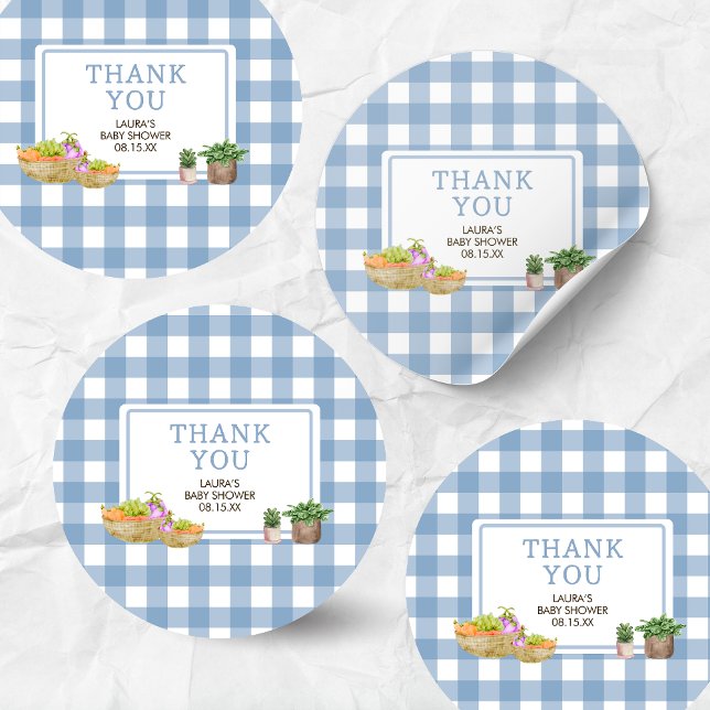 Blue Locwn Grown Bauern Market Baby Shower Runder Aufkleber (Blue Farmers Market Locally Grown Baby Shower Round Sticker)
