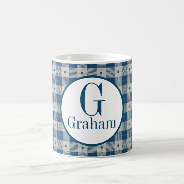 Blue Lodge Kariert Monogramm Personalisiert Kaffeetasse (Mittel)