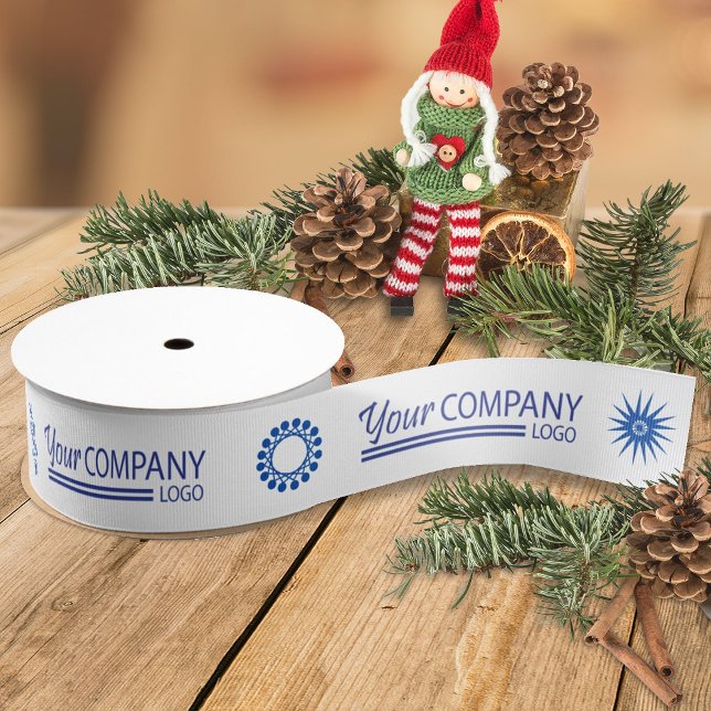 Blue Logo Blu Snowflake Business Logo Weihnachtsge Ripsband (white ribbon with blue business logo, blue company holiday christmas gift ribbon, promotional logo)