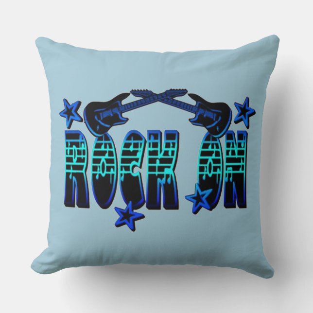 Blue Logo Rock on Gitarren & Stars Throw Kissen (Vorderseite)