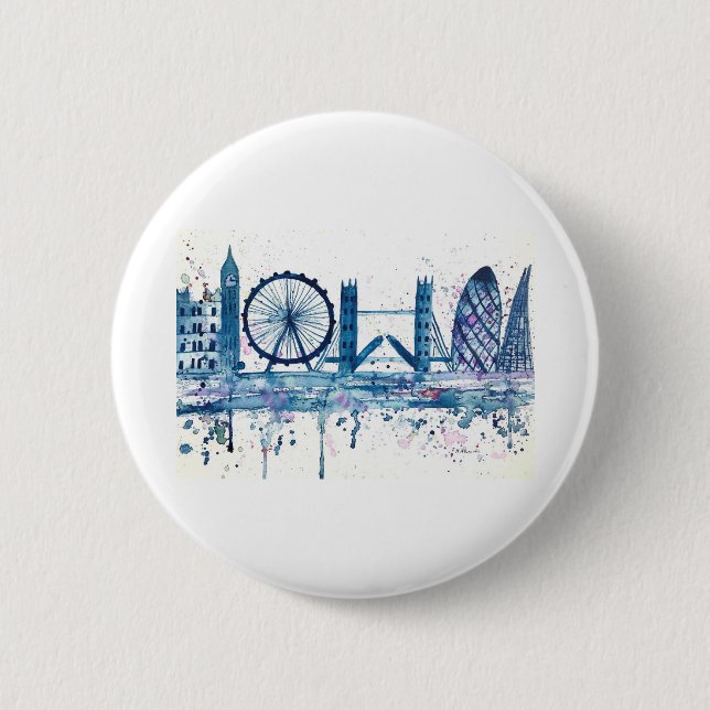 Blue London Skyline England Aquarell Moderne Button (Vorderseite)