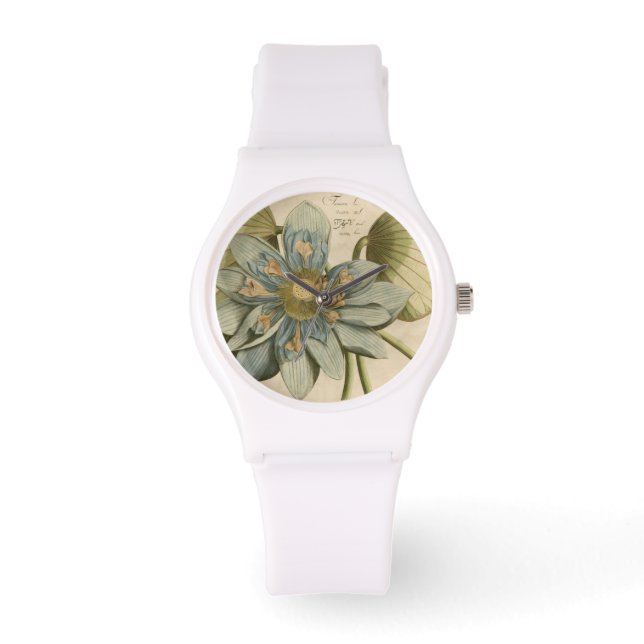Blue Lotus Blume auf Tan Hintergrund mit Schreiben Armbanduhr (Vorderseite)