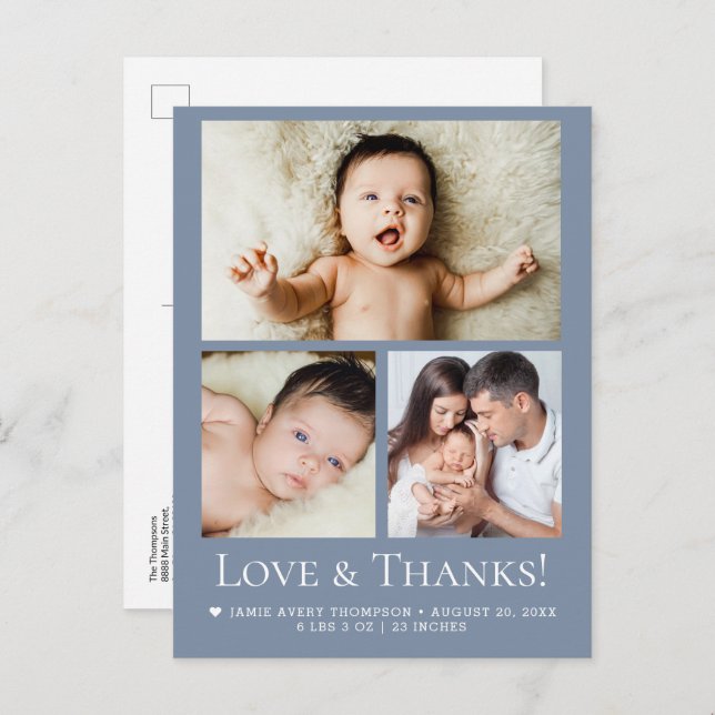 Blue Love and Thanks Baby Photo Birth announcement Postkarte (Vorne/Hinten)