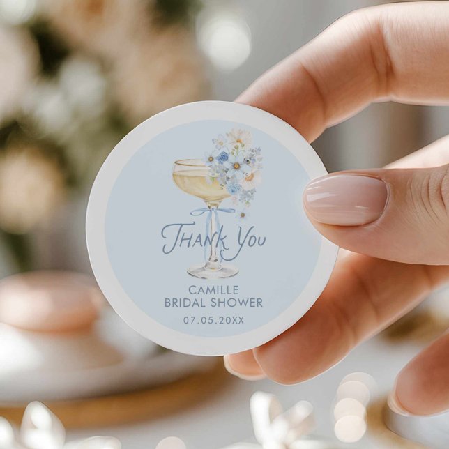 Blue Love in Bloom Brautparty Dankeschön Runder Aufkleber (Blue Brunch and Bubbly Bridal Shower Round Sticker)