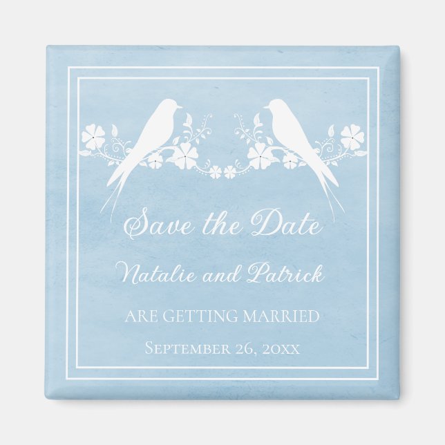 Blue Lovebird Floral Save the Date Magnet (Vorne)