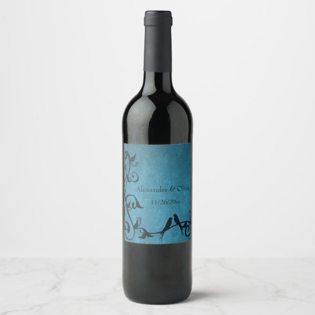 Blue Lovebirds Wedding Wine Label Weinetikett (Vorderseite)