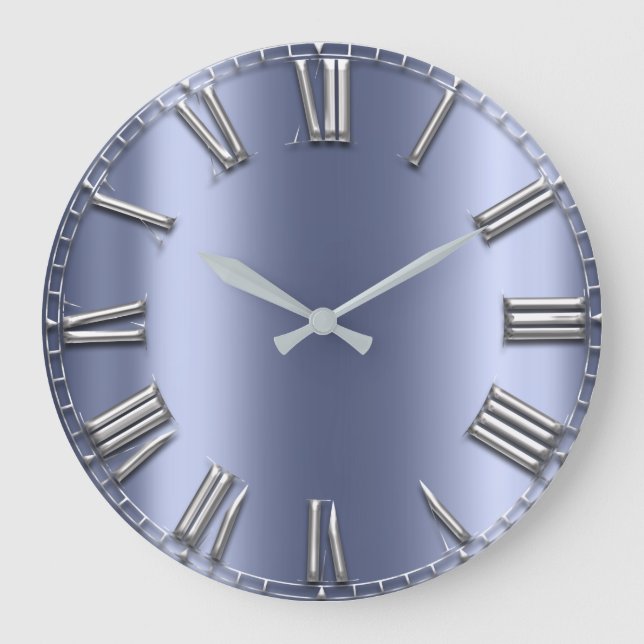 Blue Lux Gray Metallic Gray Silver Roman Numbers Große Wanduhr (Vorderseite)