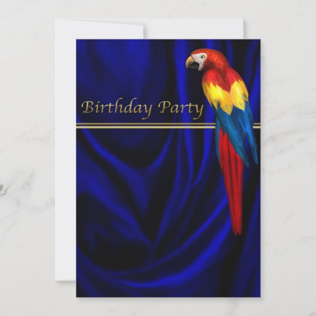 Blue Macaw Parrot Satin Birthday Party Template Einladung (Vorderseite)