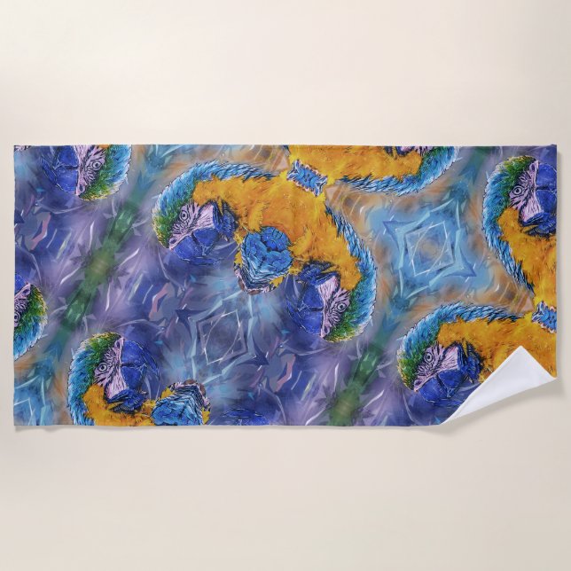 Blue Macaw Playful Parrot Künstlerisch Strandtuch (Vorderseite)