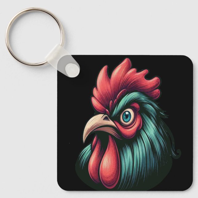 "Blue Mad Blue Rooster" Aluminum Keychain Schlüsselanhänger (Vorderseite)