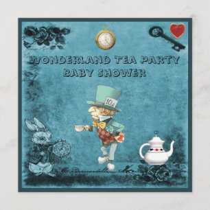 Blue Mad Hatter Wonderland Tea Party Babydusche Einladung