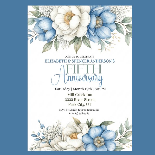 Blue Magnolia and Peony 5th Wedding Anniversary Einladung (Blue and ivory floral 5th wedding anniversary invitation)