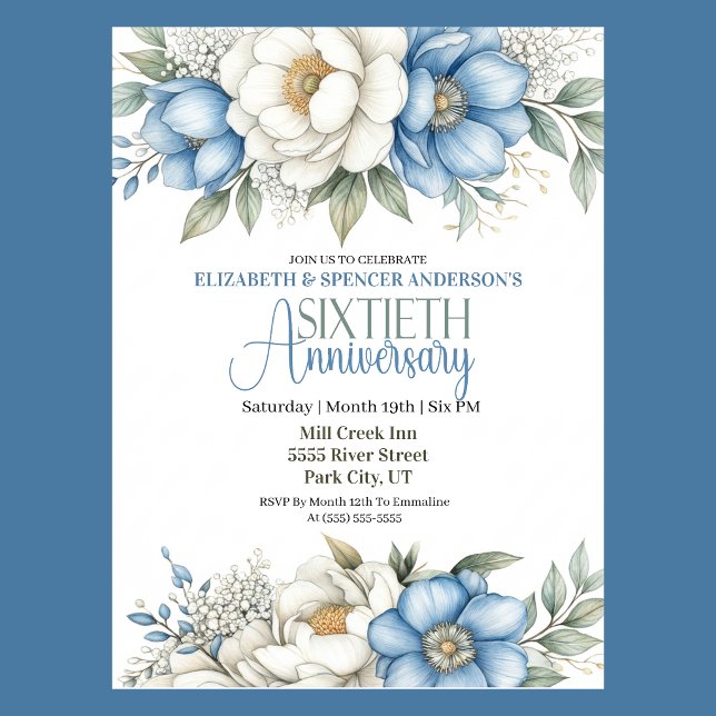 Blue Magnolia and Peony 60th Wedding Anniversary Einladung (Blue and white magnolia and peony floral 60th wedding anniversary invitation )