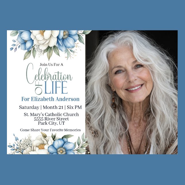 Blue Magnolia and Peony Celebration Of Life Einladung (Blue and white magnolia and peony floral Celebration Of Life invitation 
)