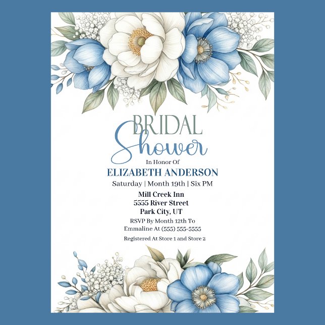 Blue Magnolia and Peony Flower Bridal Shower Einladung (Blue and white magnolia and peony floral Bridal Shower invitation )