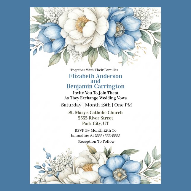 Blue Magnolia and Peony Flower Wedding Einladung (Blue and white magnolia and peony floral wedding invitation with elegant botanical design
)