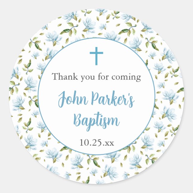 Blue Magnolias boy baptism thank you sticker (Vorderseite)