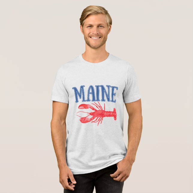 Blue Maine Text Red Watercolor Lobster Tri-Blend Shirt (Vorderseite voll)
