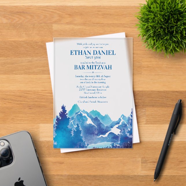 Blue Majestic Mountain Watercolor Bar Mitzvah Acryleinladungen (Insitu (Einladungskarte))
