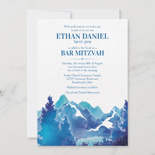 Blue Majestic Mountain Watercolor Bar Mitzvah Einladung (Vorderseite)
