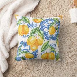 Blue Majolica Tile and Watercolor Lemons Kissen