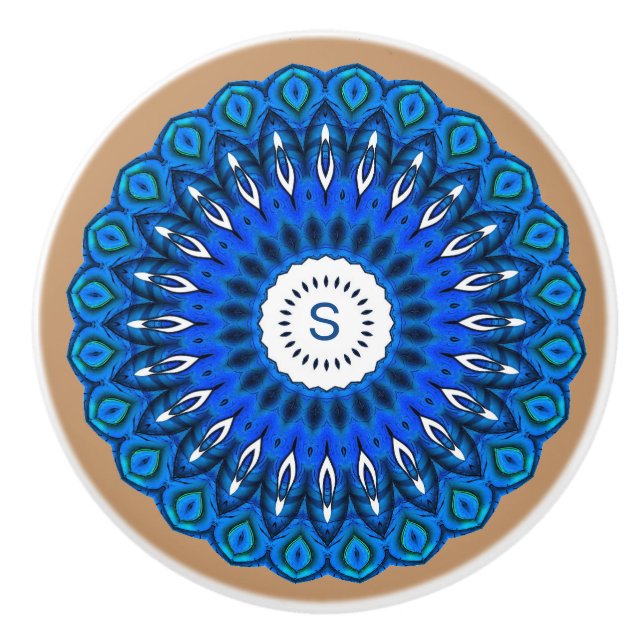 Blue Mandala auf Beige mit anfänglicher Schubkraft Keramikknauf (Vorderseite)