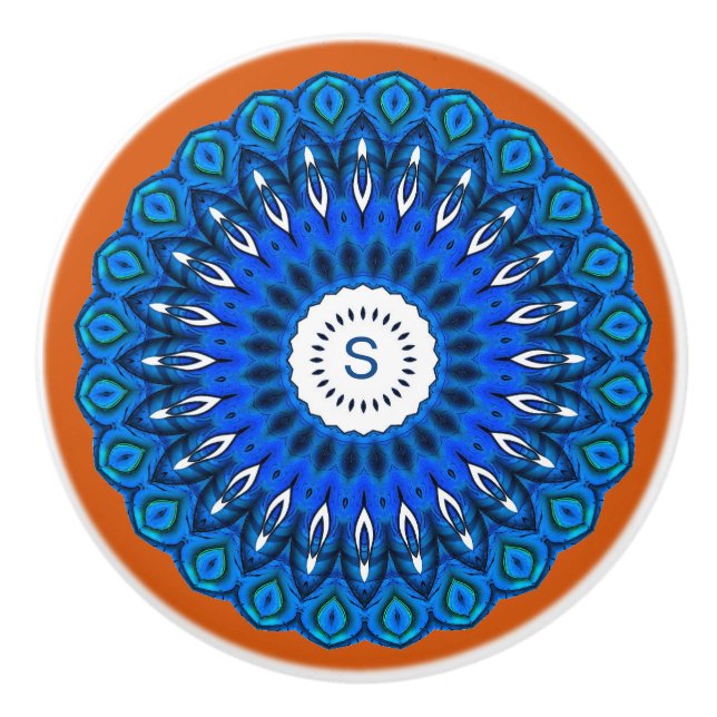 Blue Mandala auf dunklem Peach mit Initialzieher Keramikknauf (Vorderseite)