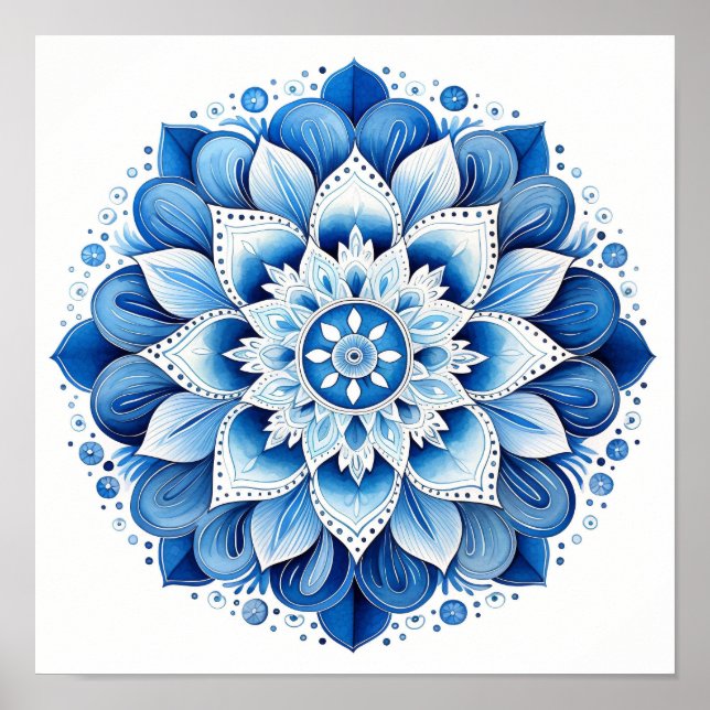 Blue Mandala auf weißem Hintergrund Poster (Vorne)