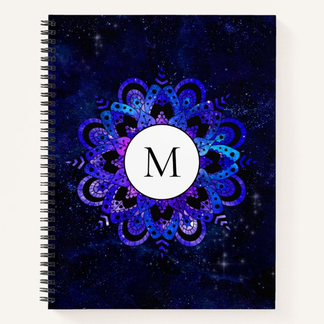 Blue Mandala Galaxy Boho Chic Watercolor Monogram Notizbuch (Vorderseite)