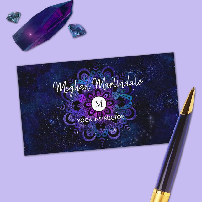 Blue Mandala Galaxy Boho Yoga Watercolor Monogram Visitenkarte (Von Creator hochgeladen)