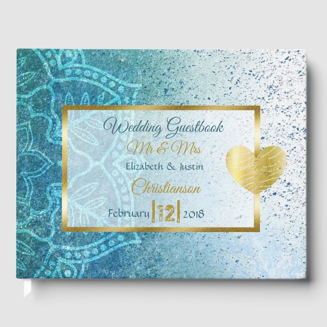 Blue Mandala Gold Heart Wedbook Gästebuch (Vorderseite)