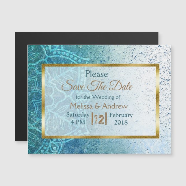 Blue Mandala Save the Date Hochzeit Magnetkarte Magneteinladung (Vorne/Hinten)