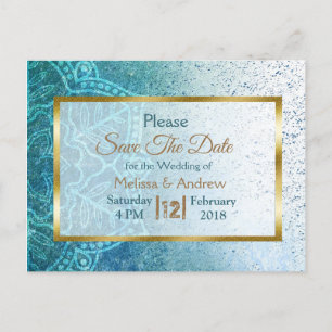 Blue Mandala und Gold Save the Date Postkarten