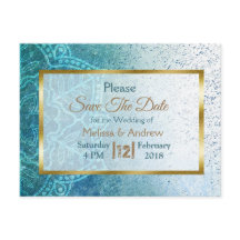 Blue Mandala und Gold Save the Date Postkarten