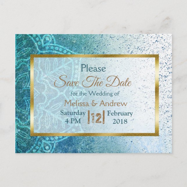 Blue Mandala und Gold Save the Date Postkarten (Vorderseite)