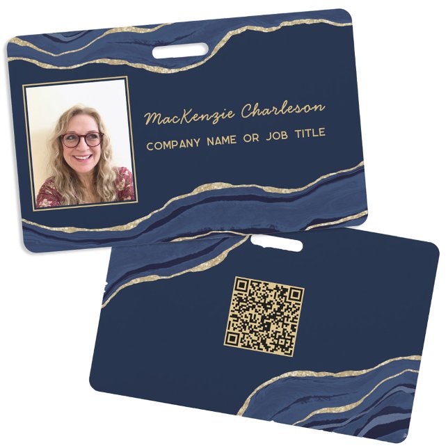 Blue Marble Agate Geode QR Code Foto ID Name Ausweis (Navy blue gold agate marble geode script QR code business photo name id badge)